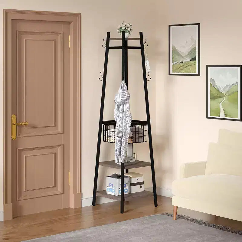 VECELO Freestanding Industrial Coat Rack with Metal Basket, 2 Shelves & 8 Dual Hooks  Entryway Hall Tree for Hats, Bags, and Scarves