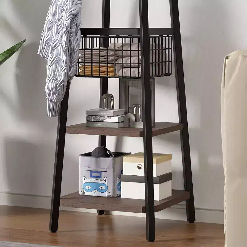 VECELO Freestanding Industrial Coat Rack with Metal Basket, 2 Shelves & 8 Dual Hooks  Entryway Hall Tree for Hats, Bags, and Scarves