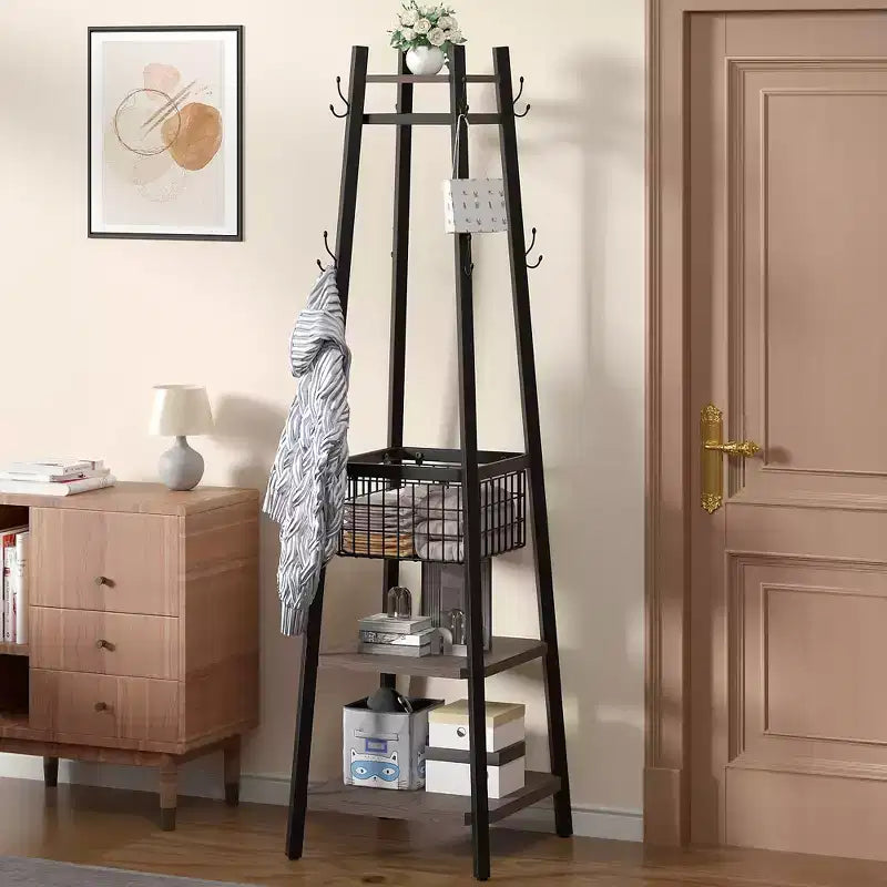 VECELO Freestanding Industrial Coat Rack with Metal Basket, 2 Shelves & 8 Dual Hooks  Entryway Hall Tree for Hats, Bags, and Scarves