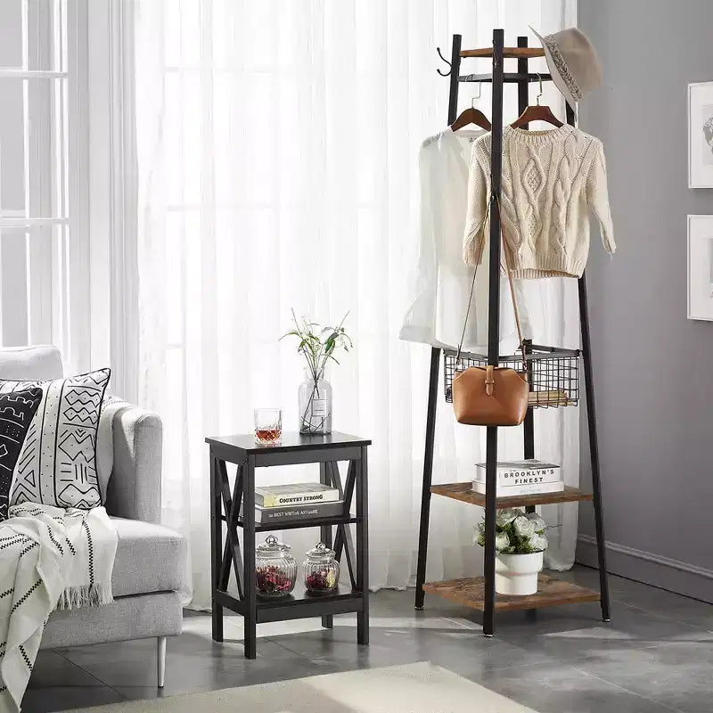 VECELO Freestanding Industrial Coat Rack with Metal Basket, 2 Shelves & 8 Dual Hooks  Entryway Hall Tree for Hats, Bags, and Scarves