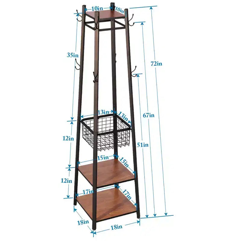 VECELO Freestanding Industrial Coat Rack with Metal Basket, 2 Shelves & 8 Dual Hooks  Entryway Hall Tree for Hats, Bags, and Scarves