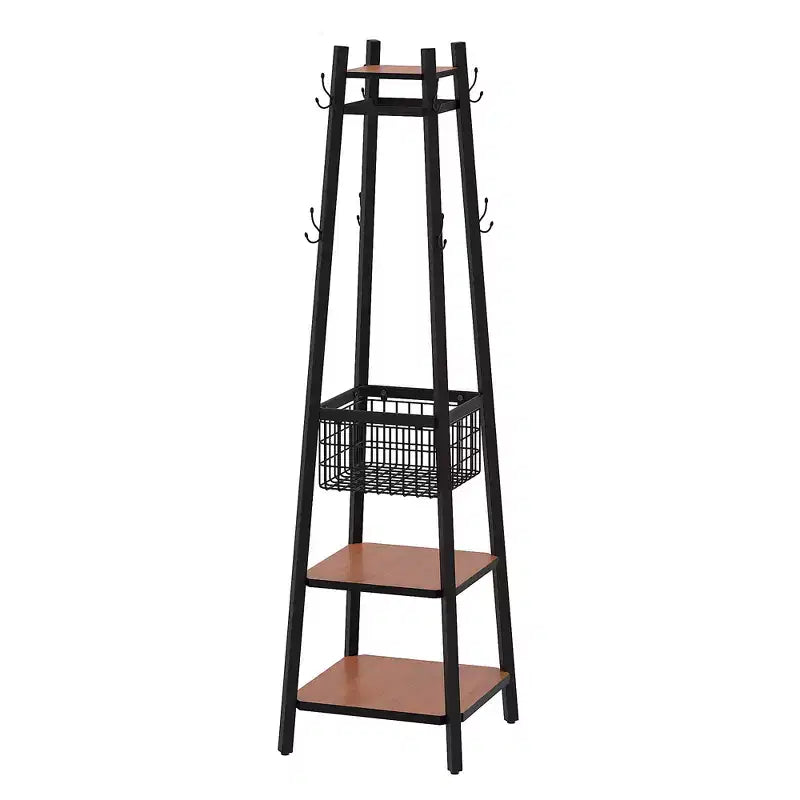VECELO Freestanding Industrial Coat Rack with Metal Basket, 2 Shelves & 8 Dual Hooks  Entryway Hall Tree for Hats, Bags, and Scarves