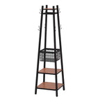 VECELO Freestanding Industrial Coat Rack with Metal Basket, 2 Shelves & 8 Dual Hooks  Entryway Hall Tree for Hats, Bags, and Scarves