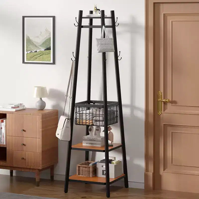 VECELO Freestanding Industrial Coat Rack with Metal Basket, 2 Shelves & 8 Dual Hooks  Entryway Hall Tree for Hats, Bags, and Scarves