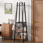 VECELO Freestanding Industrial Coat Rack with Metal Basket, 2 Shelves & 8 Dual Hooks  Entryway Hall Tree for Hats, Bags, and Scarves