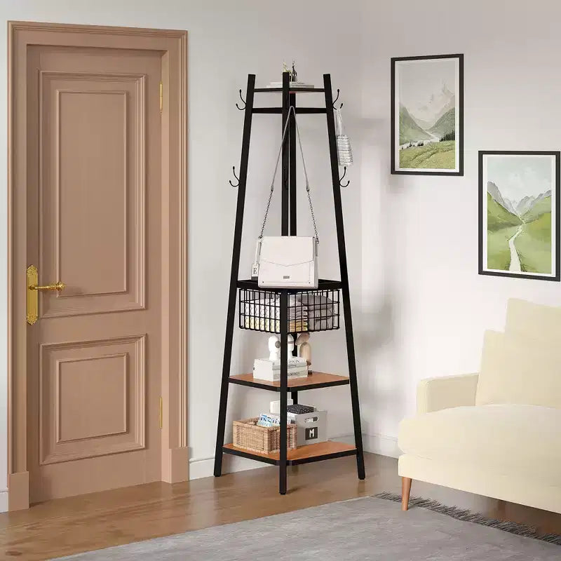 VECELO Freestanding Industrial Coat Rack with Metal Basket, 2 Shelves & 8 Dual Hooks  Entryway Hall Tree for Hats, Bags, and Scarves