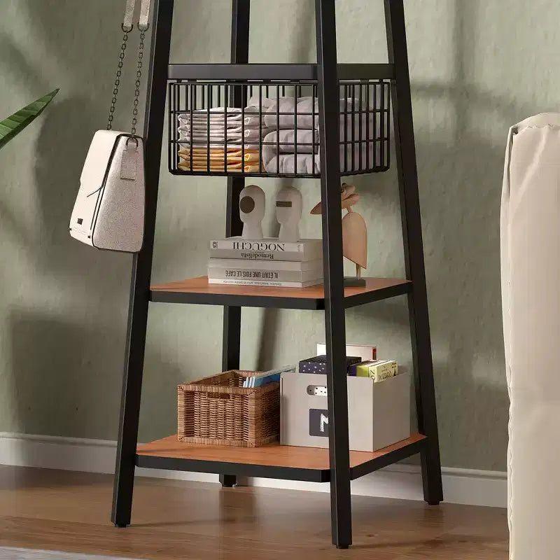 VECELO Freestanding Industrial Coat Rack with Metal Basket, 2 Shelves & 8 Dual Hooks  Entryway Hall Tree for Hats, Bags, and Scarves