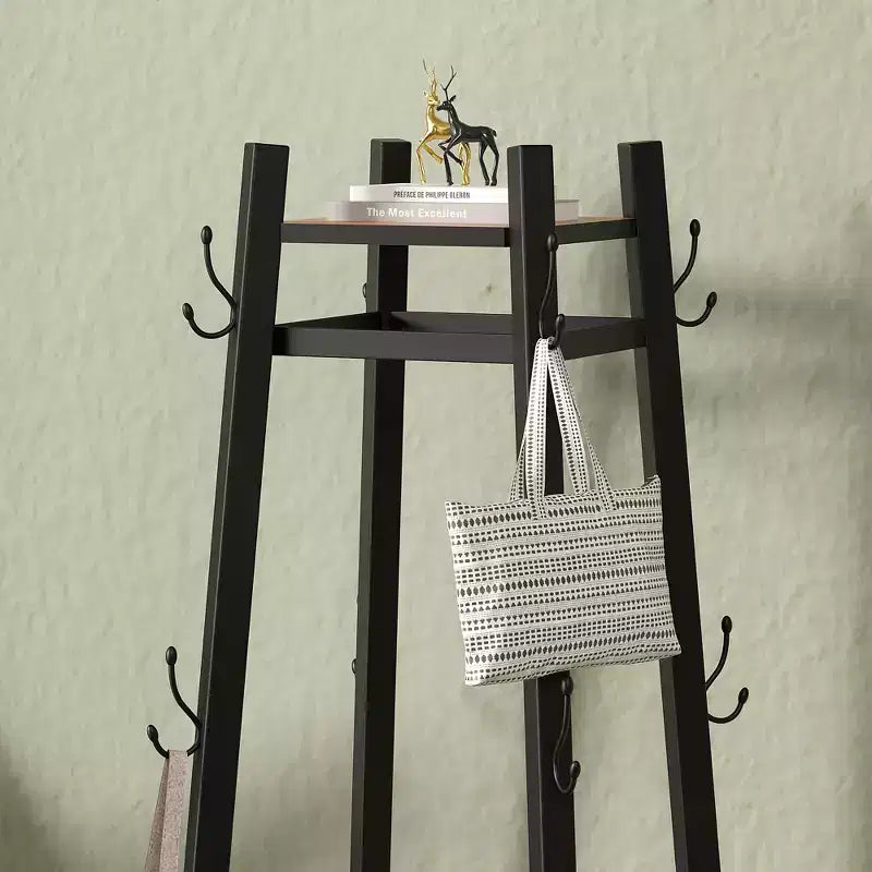 VECELO Freestanding Industrial Coat Rack with Metal Basket, 2 Shelves & 8 Dual Hooks  Entryway Hall Tree for Hats, Bags, and Scarves