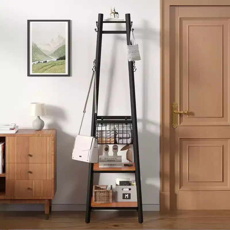 VECELO Freestanding Industrial Coat Rack with Metal Basket, 2 Shelves & 8 Dual Hooks  Entryway Hall Tree for Hats, Bags, and Scarves