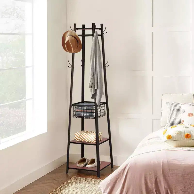 VECELO Freestanding Industrial Coat Rack with Metal Basket, 2 Shelves & 8 Dual Hooks  Entryway Hall Tree for Hats, Bags, and Scarves