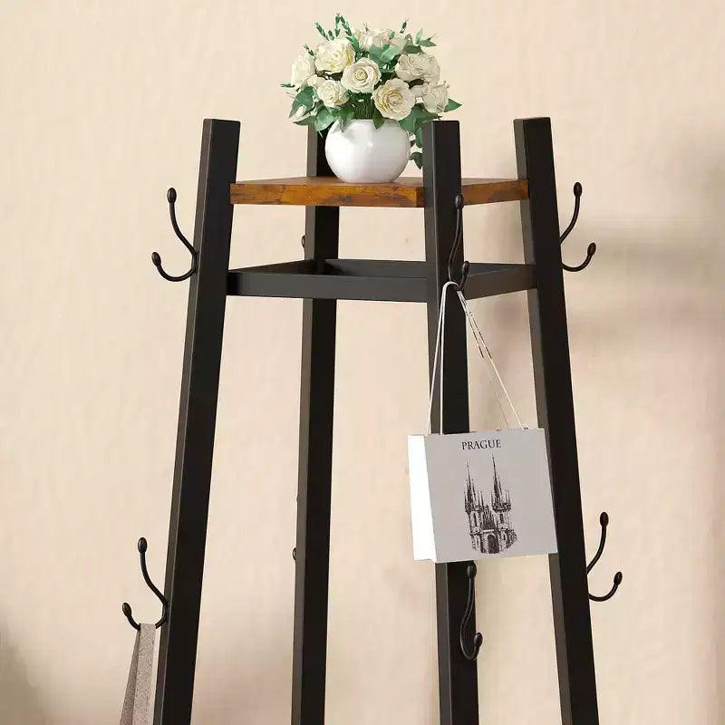VECELO Freestanding Industrial Coat Rack with Metal Basket, 2 Shelves & 8 Dual Hooks  Entryway Hall Tree for Hats, Bags, and Scarves