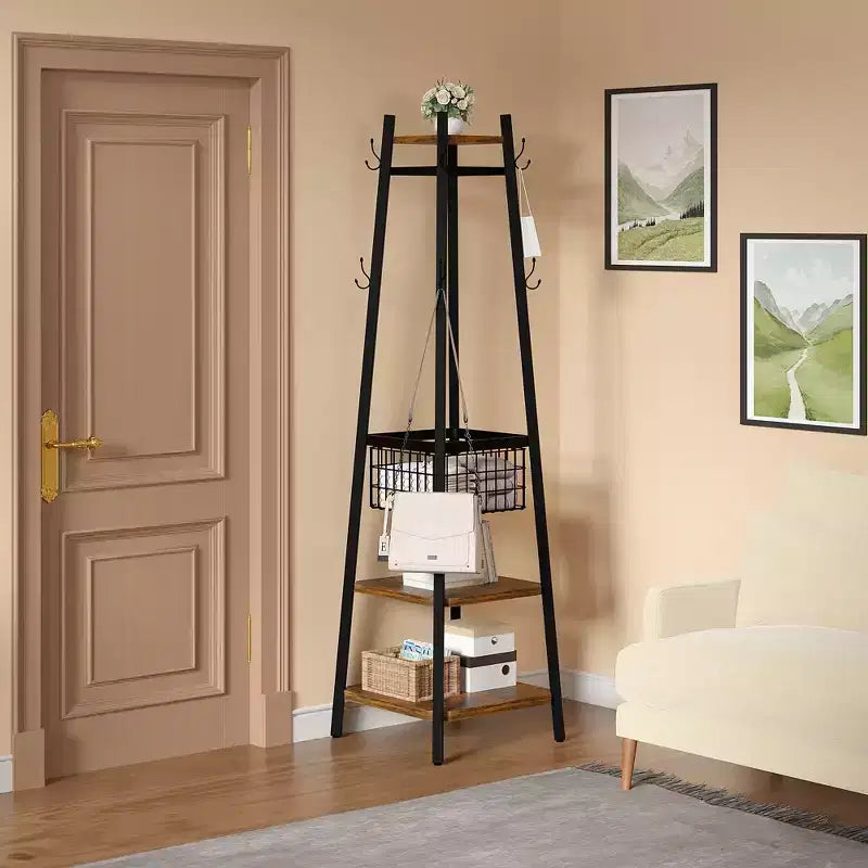VECELO Freestanding Industrial Coat Rack with Metal Basket, 2 Shelves & 8 Dual Hooks  Entryway Hall Tree for Hats, Bags, and Scarves