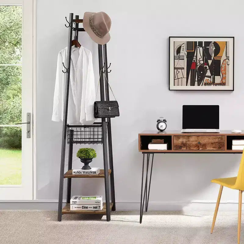 VECELO Freestanding Industrial Coat Rack with Metal Basket, 2 Shelves & 8 Dual Hooks  Entryway Hall Tree for Hats, Bags, and Scarves