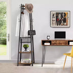 VECELO Freestanding Industrial Coat Rack with Metal Basket, 2 Shelves & 8 Dual Hooks  Entryway Hall Tree for Hats, Bags, and Scarves
