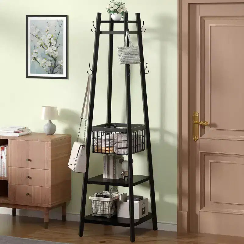 VECELO Freestanding Industrial Coat Rack with Metal Basket, 2 Shelves & 8 Dual Hooks  Entryway Hall Tree for Hats, Bags, and Scarves