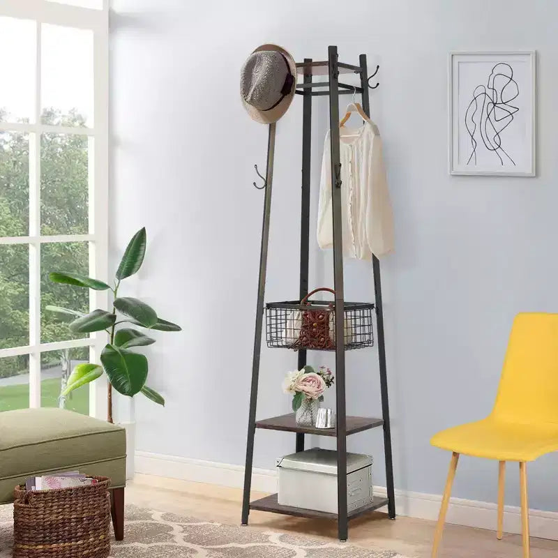 VECELO Freestanding Industrial Coat Rack with Metal Basket, 2 Shelves & 8 Dual Hooks  Entryway Hall Tree for Hats, Bags, and Scarves