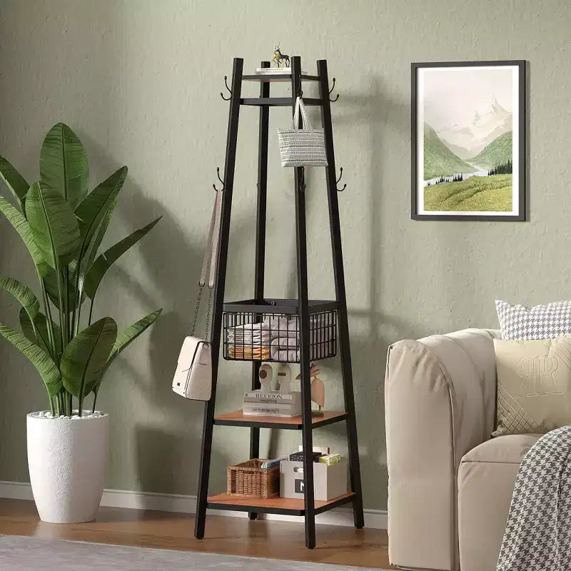 VECELO Freestanding Industrial Coat Rack with Metal Basket, 2 Shelves & 8 Dual Hooks  Entryway Hall Tree for Hats, Bags, and Scarves