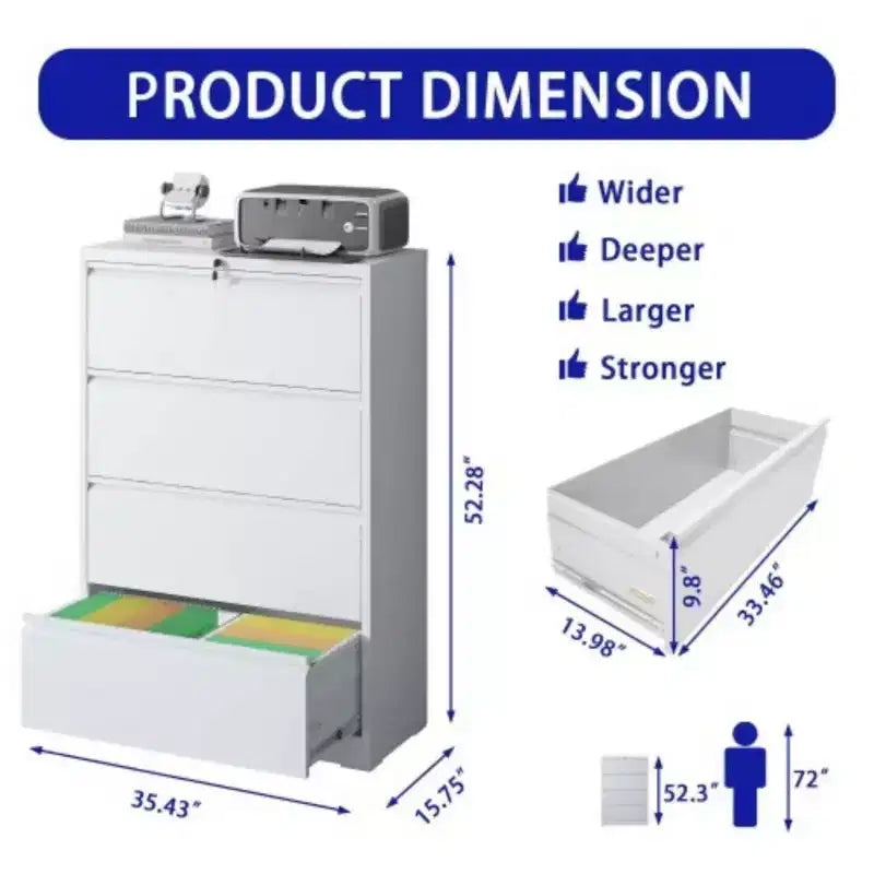 File Cabinet With 4 Drawers, Lock, 2 Keys, Quiet Storage Space Lockable Metal File Cabinet For Home Office, Files Legal, Letter, A4, F4 Size