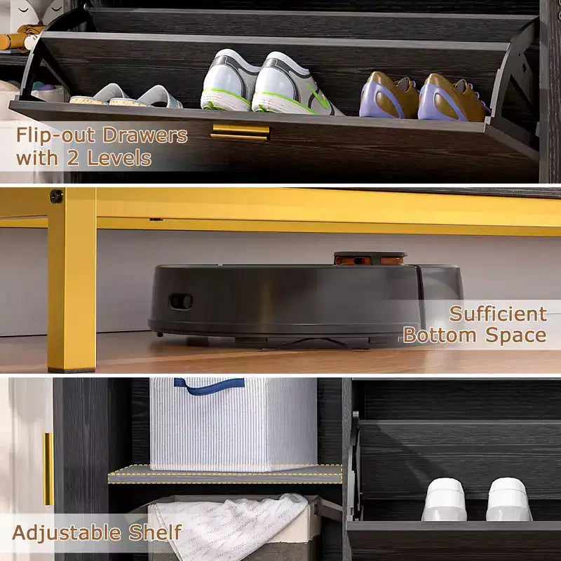 VECELO Storage Bench, 2-Tier Flip Drawers for Entryway Shoe Rack Organizer, Removable Seat Cushion