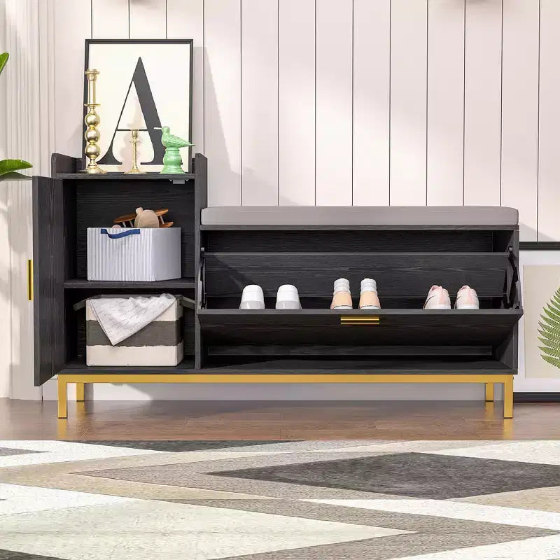 VECELO Storage Bench, 2-Tier Flip Drawers for Entryway Shoe Rack Organizer, Removable Seat Cushion