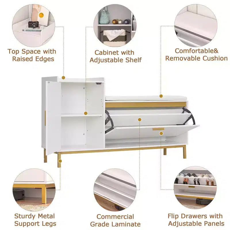 VECELO Storage Bench, 2-Tier Flip Drawers for Entryway Shoe Rack Organizer, Removable Seat Cushion