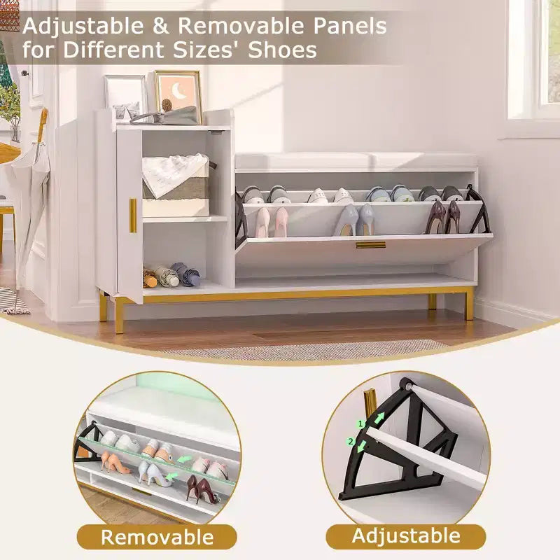 VECELO Storage Bench, 2-Tier Flip Drawers for Entryway Shoe Rack Organizer, Removable Seat Cushion