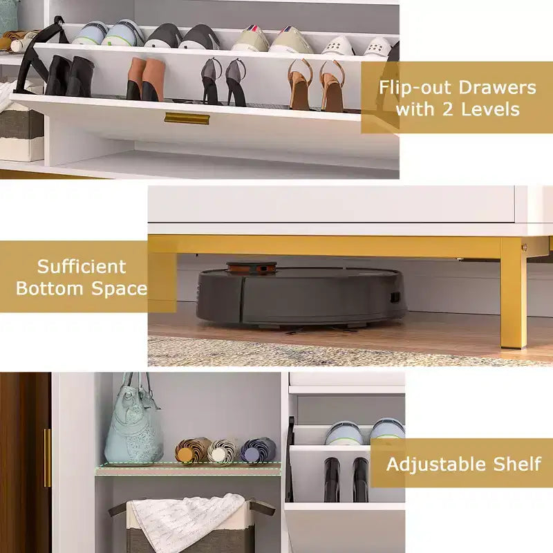 VECELO Storage Bench, 2-Tier Flip Drawers for Entryway Shoe Rack Organizer, Removable Seat Cushion