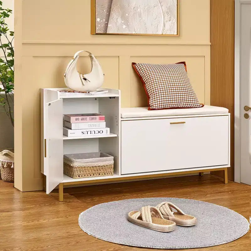 VECELO Storage Bench, 2-Tier Flip Drawers for Entryway Shoe Rack Organizer, Removable Seat Cushion