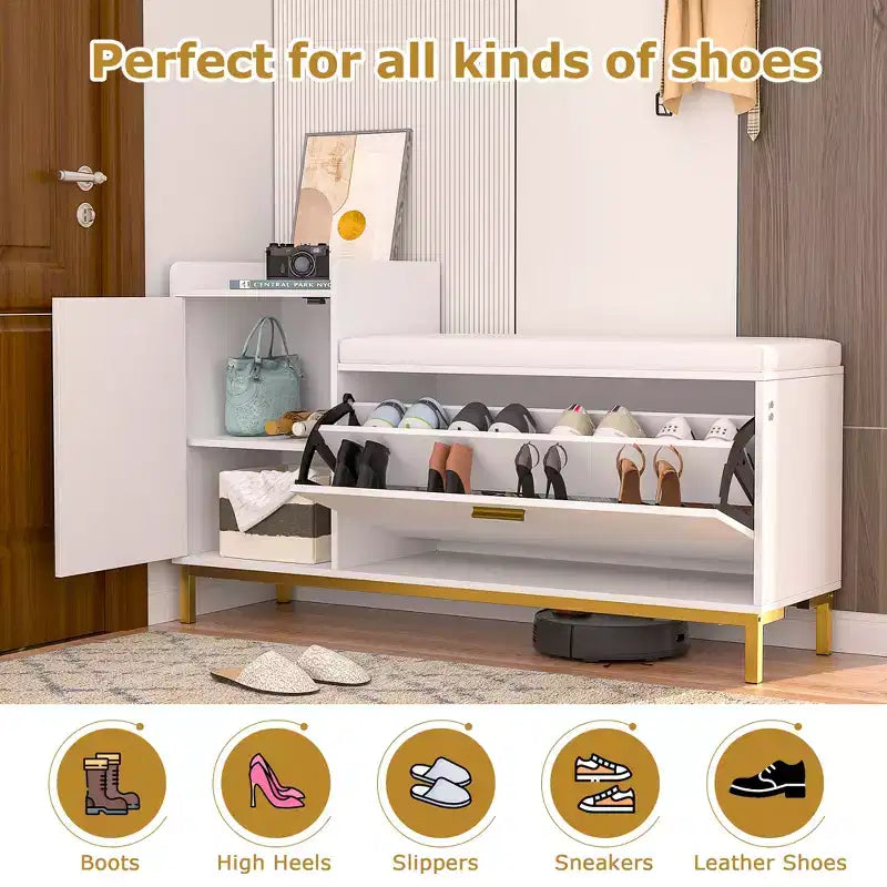 VECELO Storage Bench, 2-Tier Flip Drawers for Entryway Shoe Rack Organizer, Removable Seat Cushion