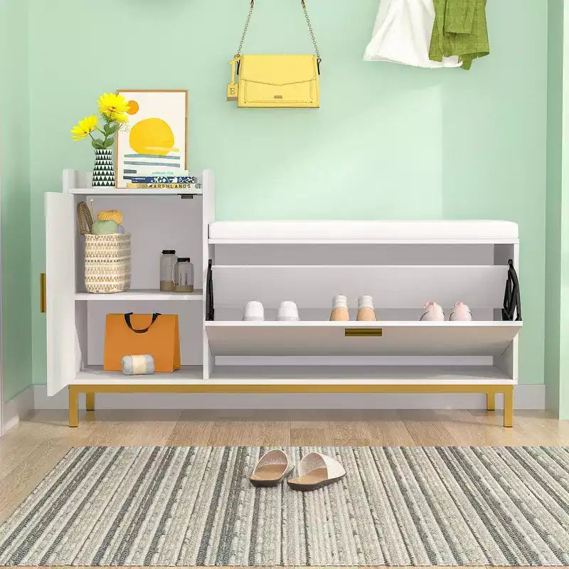 VECELO Storage Bench, 2-Tier Flip Drawers for Entryway Shoe Rack Organizer, Removable Seat Cushion