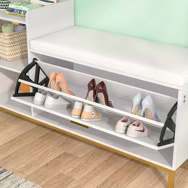 VECELO Storage Bench, 2-Tier Flip Drawers for Entryway Shoe Rack Organizer, Removable Seat Cushion