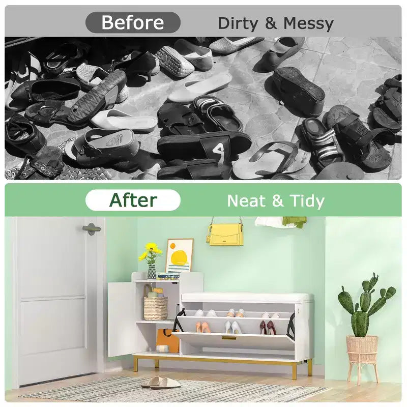 VECELO Storage Bench, 2-Tier Flip Drawers for Entryway Shoe Rack Organizer, Removable Seat Cushion