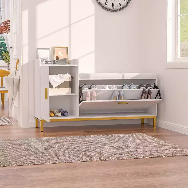 VECELO Storage Bench, 2-Tier Flip Drawers for Entryway Shoe Rack Organizer, Removable Seat Cushion