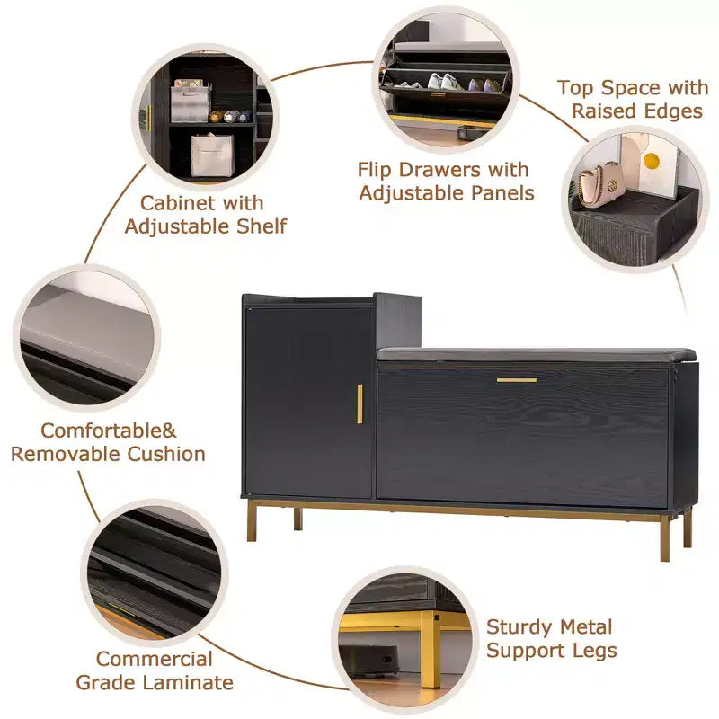 VECELO Storage Bench, 2-Tier Flip Drawers for Entryway Shoe Rack Organizer, Removable Seat Cushion