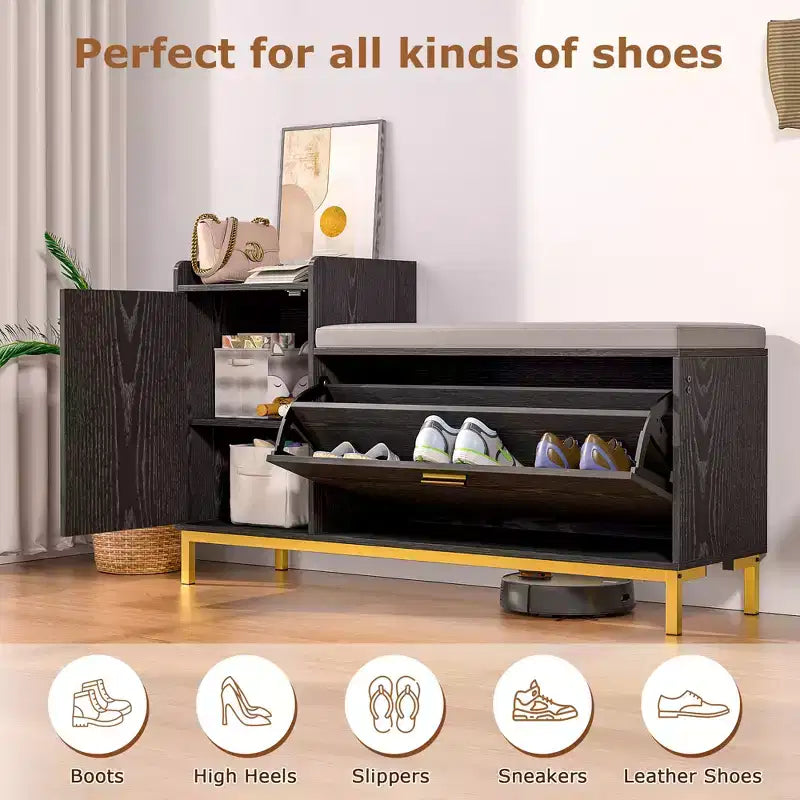 VECELO Storage Bench, 2-Tier Flip Drawers for Entryway Shoe Rack Organizer, Removable Seat Cushion