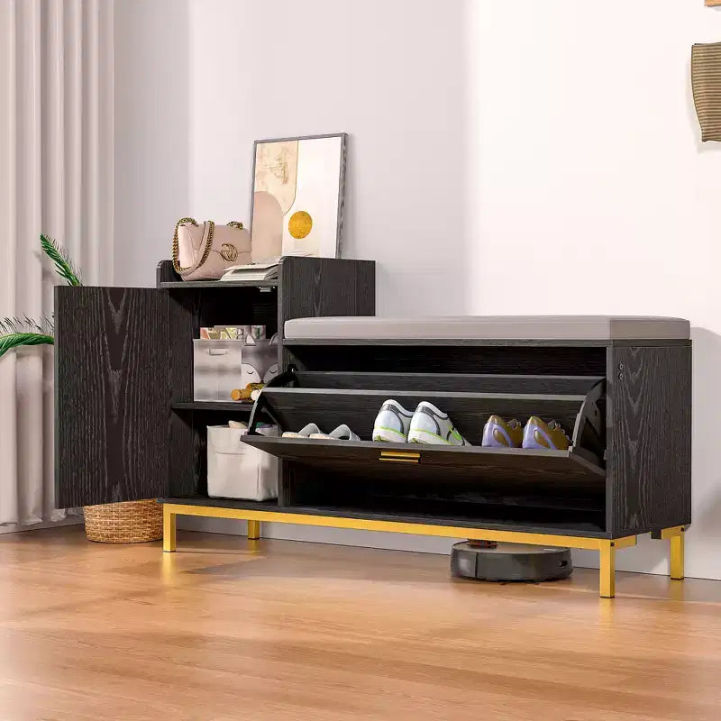VECELO Storage Bench, 2-Tier Flip Drawers for Entryway Shoe Rack Organizer, Removable Seat Cushion