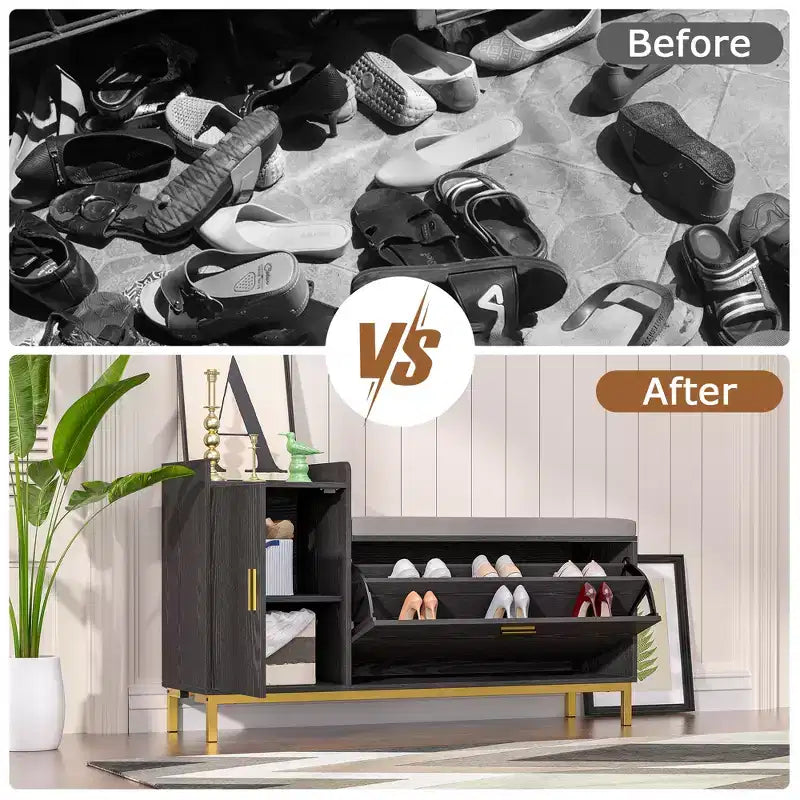 VECELO Storage Bench, 2-Tier Flip Drawers for Entryway Shoe Rack Organizer, Removable Seat Cushion