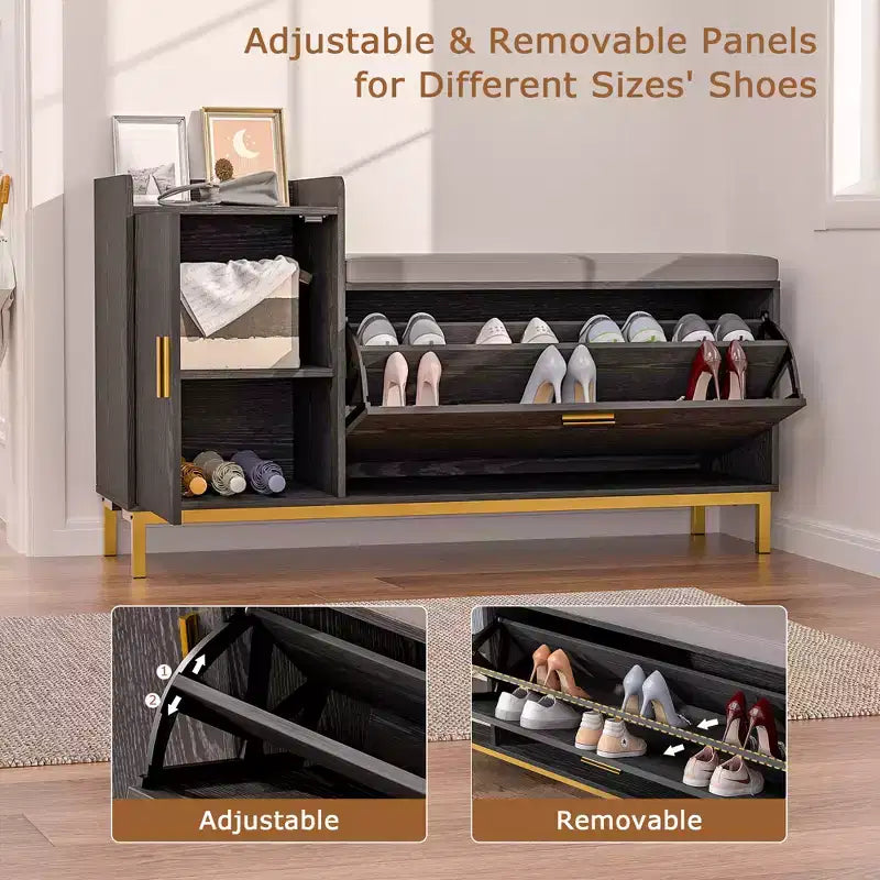 VECELO Storage Bench, 2-Tier Flip Drawers for Entryway Shoe Rack Organizer, Removable Seat Cushion
