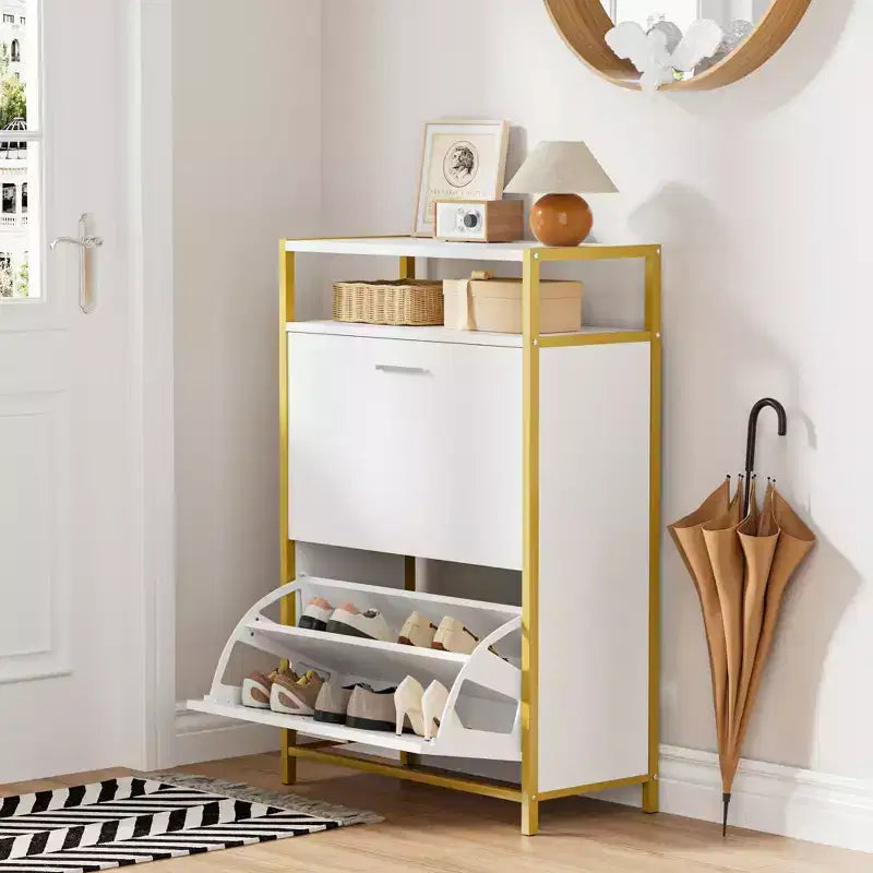 VECELO Storage Bench, 2-Tier Flip Drawers for Entryway Shoe Rack Organizer, Removable Seat Cushion