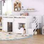 Twin Size Low Loft Beds, Twin Bed With Stairs Safety Guardrail For Kids Teens Boys Girls, Twin Bed Wood Frame