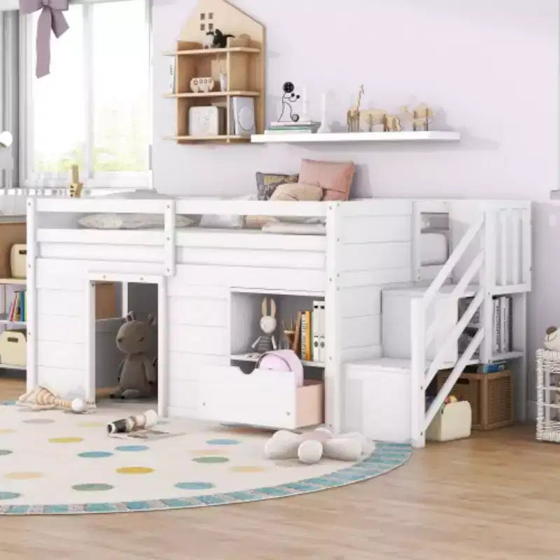 Twin Size Low Loft Beds, Twin Bed With Stairs Safety Guardrail For Kids Teens Boys Girls, Twin Bed Wood Frame