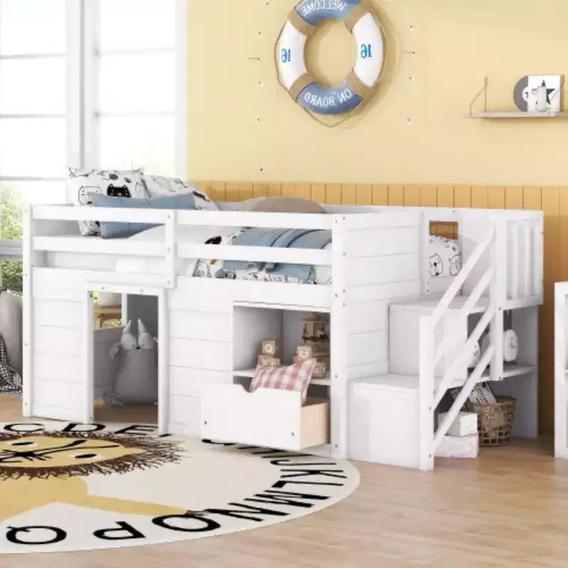 Twin Size Low Loft Beds, Twin Bed With Stairs Safety Guardrail For Kids Teens Boys Girls, Twin Bed Wood Frame