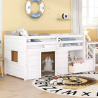 Twin Size Low Loft Beds, Twin Bed With Stairs Safety Guardrail For Kids Teens Boys Girls, Twin Bed Wood Frame