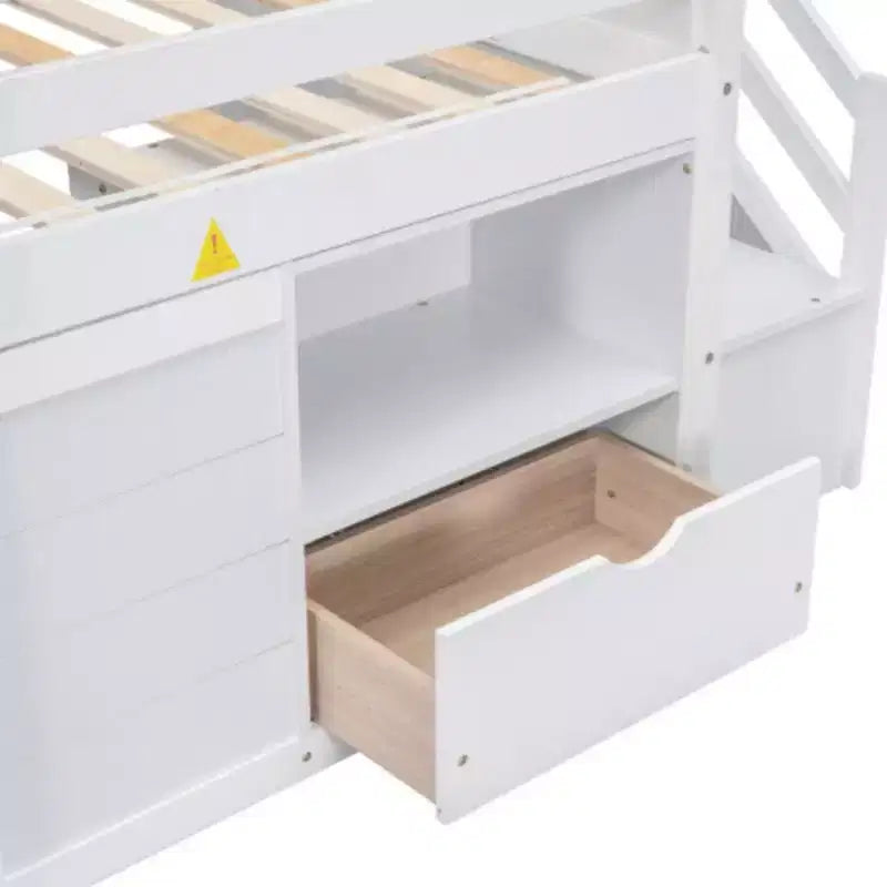 Twin Size Low Loft Beds, Twin Bed With Stairs Safety Guardrail For Kids Teens Boys Girls, Twin Bed Wood Frame