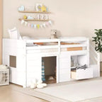 Twin Size Low Loft Beds, Twin Bed With Stairs Safety Guardrail For Kids Teens Boys Girls, Twin Bed Wood Frame