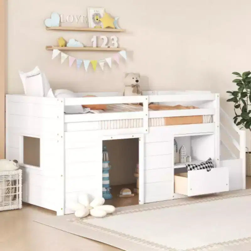 Twin Size Low Loft Beds, Twin Bed With Stairs Safety Guardrail For Kids Teens Boys Girls, Twin Bed Wood Frame