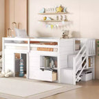 Twin Size Low Loft Beds, Twin Bed With Stairs Safety Guardrail For Kids Teens Boys Girls, Twin Bed Wood Frame