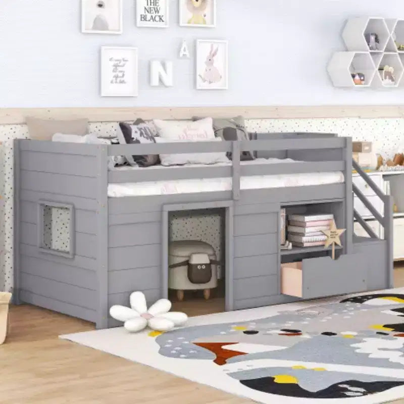 Twin Size Low Loft Beds, Twin Bed With Stairs Safety Guardrail For Kids Teens Boys Girls, Twin Bed Wood Frame