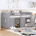 Twin Size Low Loft Beds, Twin Bed With Stairs Safety Guardrail For Kids Teens Boys Girls, Twin Bed Wood Frame
