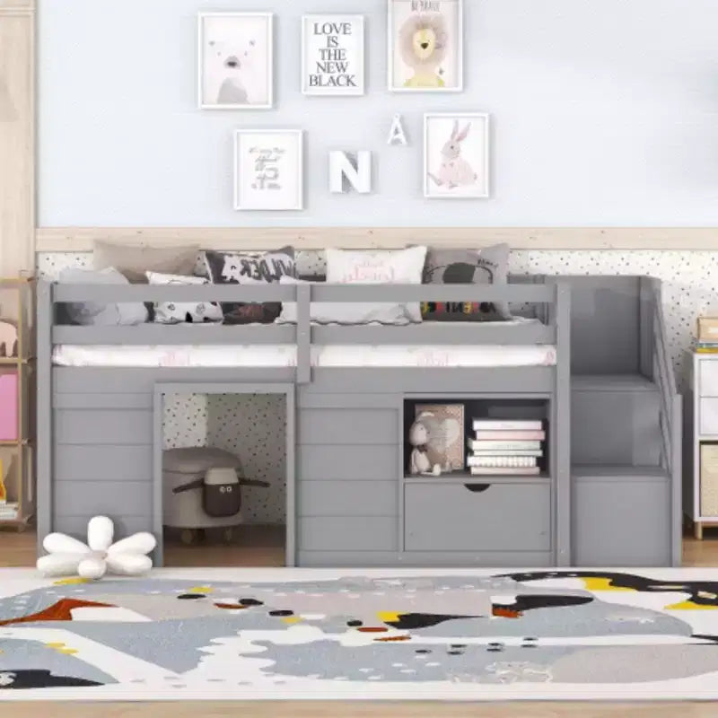 Twin Size Low Loft Beds, Twin Bed With Stairs Safety Guardrail For Kids Teens Boys Girls, Twin Bed Wood Frame